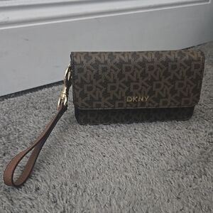 DKNY Brown Monogram Wristlet